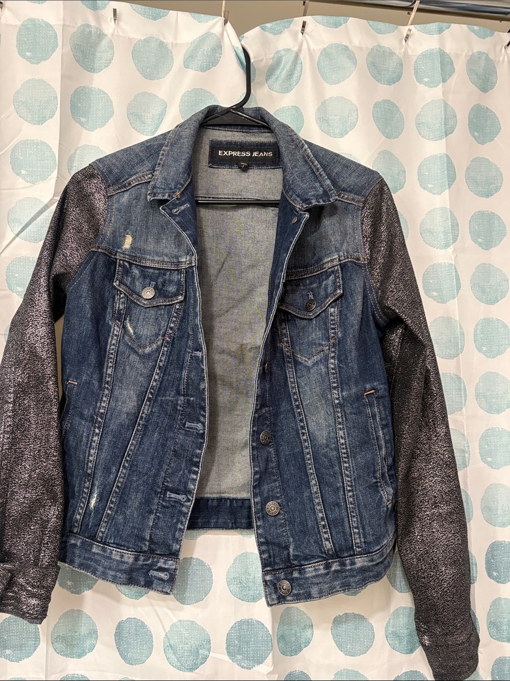 Express Women's Blue Denim Jacket with Metallic Gray Sleeves